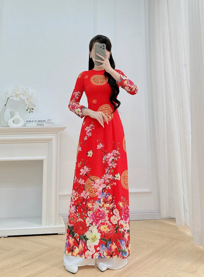 Pre-made: Red Spring Graden Ao Dai For Women - Traditional Ao Dai Tết