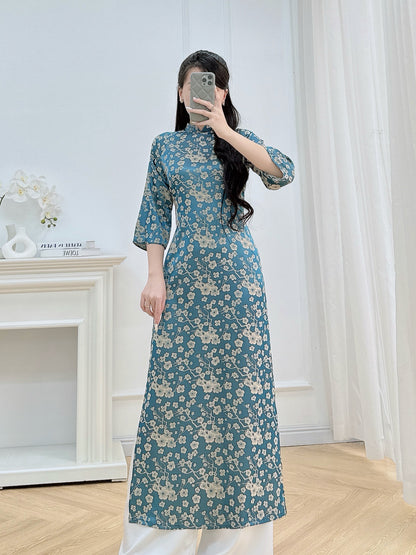 Teal Blue Floral Ao Dai – Vietnamese Traditional Dress with 3/4 Sleeves (NO PANTS)