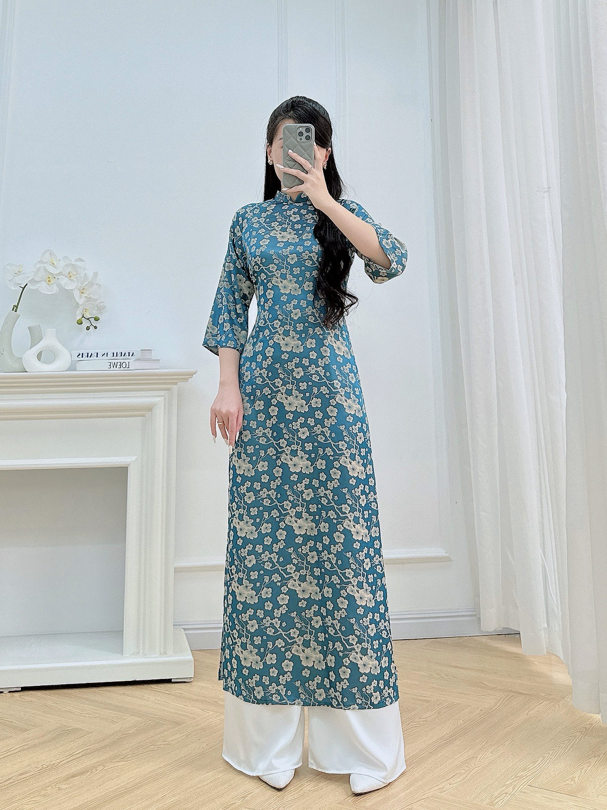 Teal Blue Floral Ao Dai – Vietnamese Traditional Dress with 3/4 Sleeves (NO PANTS)