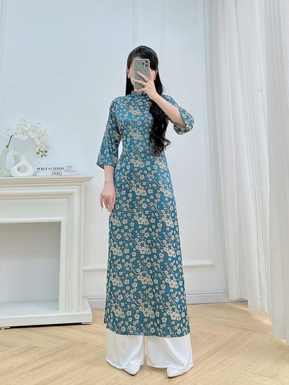 Teal Blue Floral Ao Dai – Vietnamese Traditional Dress with 3/4 Sleeves (NO PANTS)