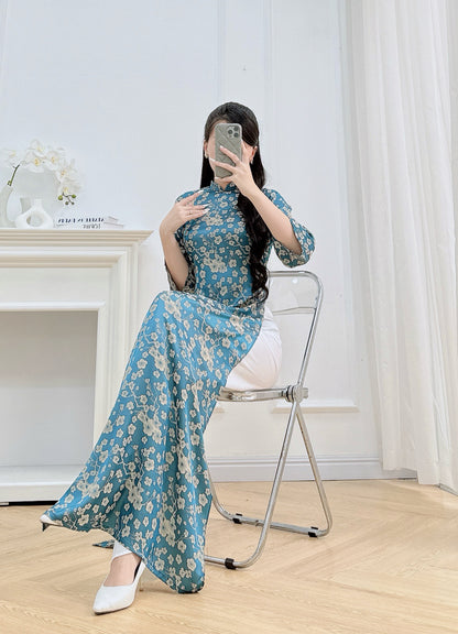 Teal Blue Floral Ao Dai – Vietnamese Traditional Dress with 3/4 Sleeves (NO PANTS)