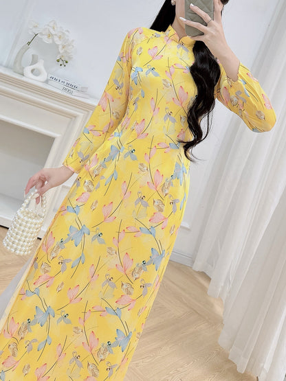 Yellow Floral Silk Ao Dai | Traditional Vietnamese Dress for Women | Elegant Yellow Silk Ao Dai (NO Pants)
