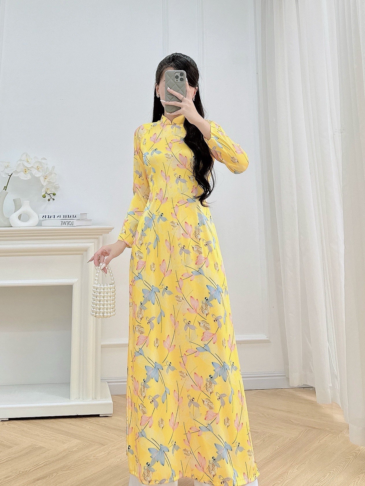 Yellow Floral Silk Ao Dai | Traditional Vietnamese Dress for Women | Elegant Yellow Silk Ao Dai (NO Pants)