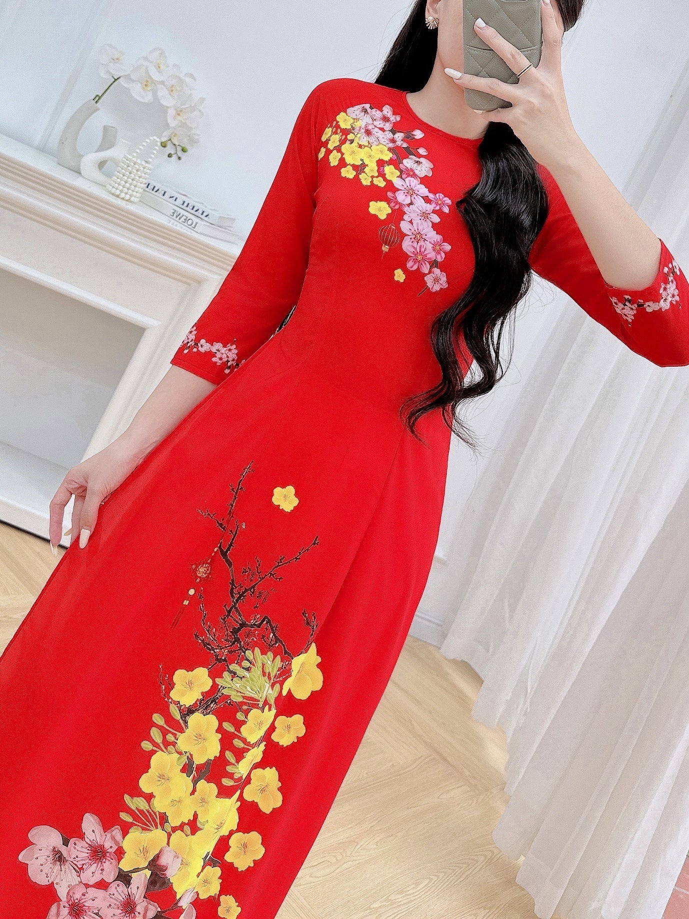 Pre-made: Mai Đào Tết 3D Printed Ao Dai - Traditional Vietnamese Dress for Women