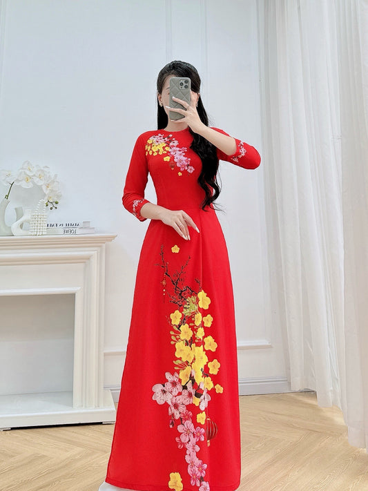 Pre-made: Mai Đào Tết 3D Printed Ao Dai - Traditional Vietnamese Dress for Women