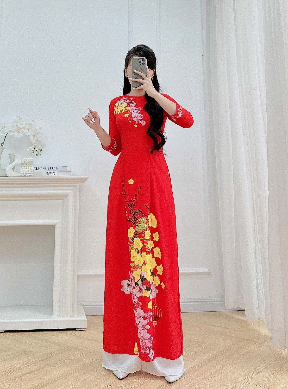 Pre-made: Mai Đào Tết 3D Printed Ao Dai - Traditional Vietnamese Dress for Women