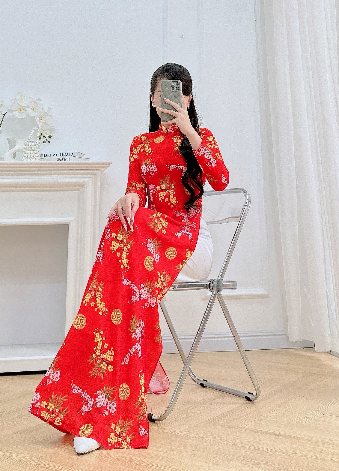 Red Floral Ao Dai | Red Blossom Ao Dai | Traditional Vietnamese Dress for Women – Silk Long Sleeve Top Only