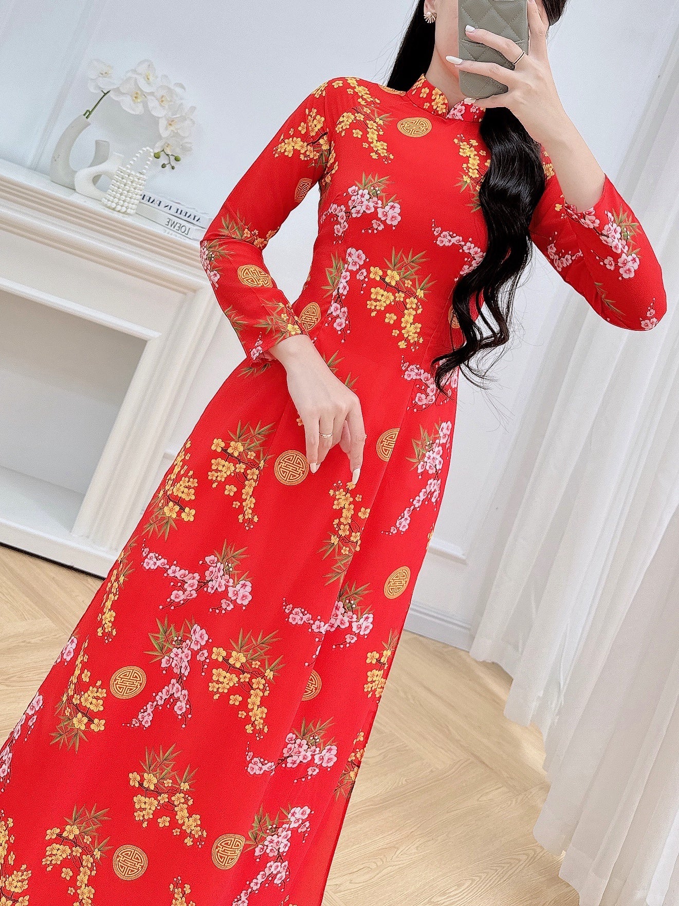 Red Floral Ao Dai | Red Blossom Ao Dai | Traditional Vietnamese Dress for Women – Silk Long Sleeve Top Only