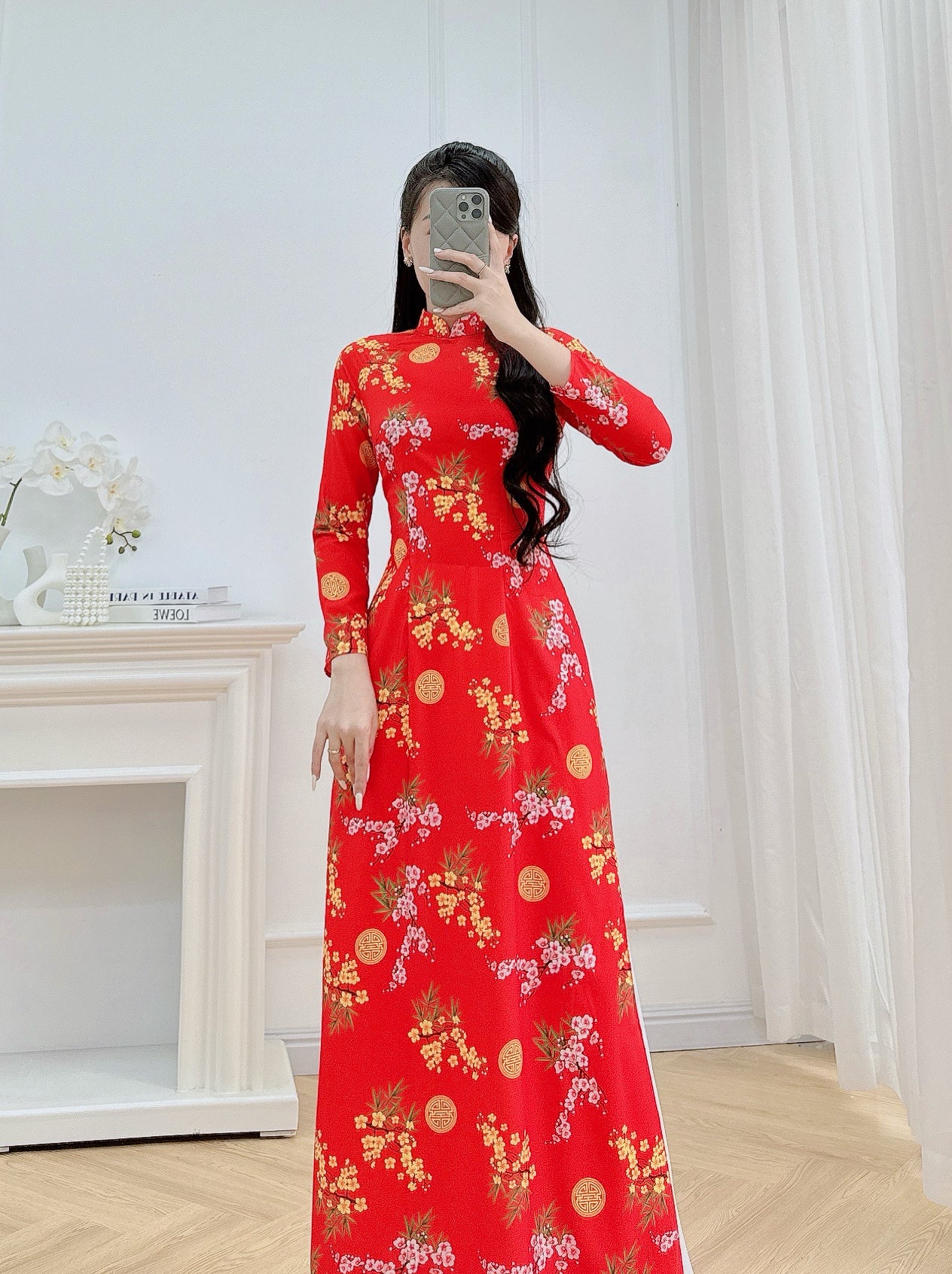 Red Floral Ao Dai | Red Blossom Ao Dai | Traditional Vietnamese Dress for Women – Silk Long Sleeve Top Only