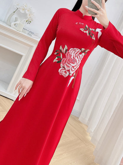 Red Embroidery Floral Ao Dai Set - Traditional Vietnamese Ao Dai