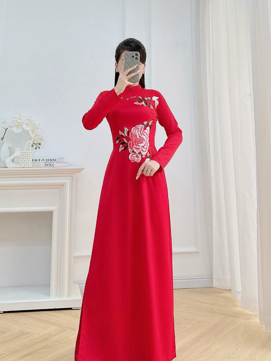 Red Embroidery Floral Ao Dai Set - Traditional Vietnamese Ao Dai