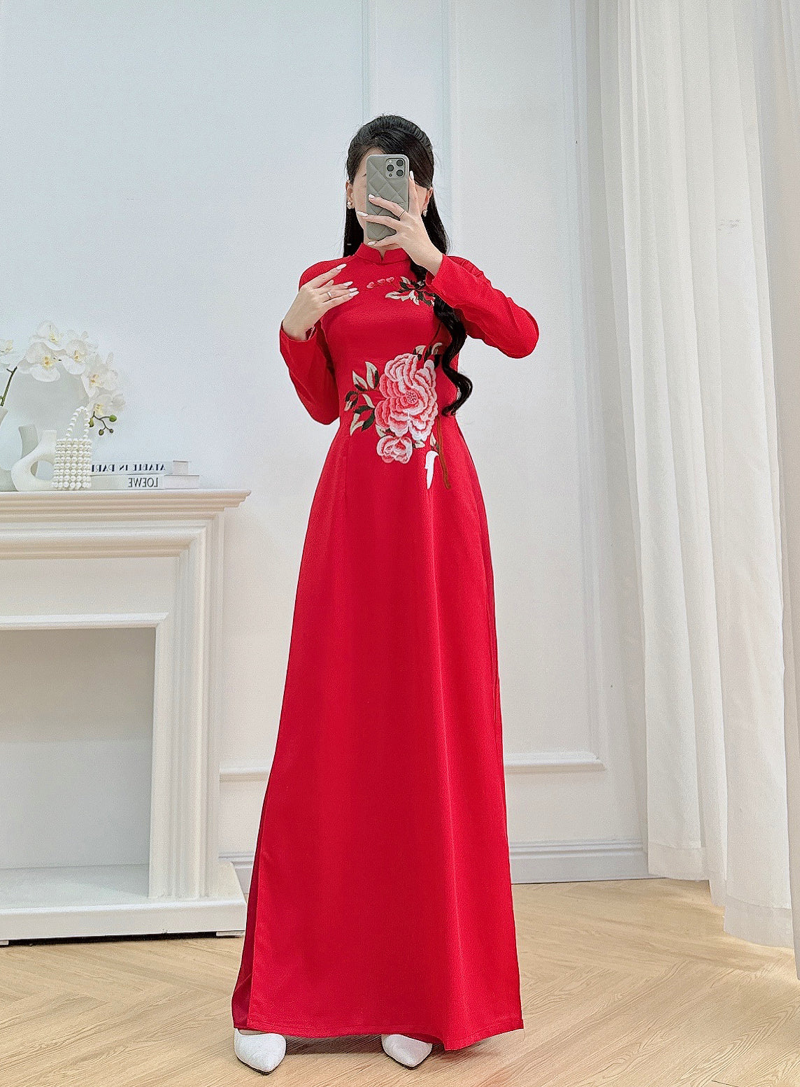 Red Embroidery Floral Ao Dai Set - Traditional Vietnamese Ao Dai