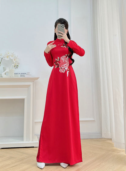 Red Embroidery Floral Ao Dai Set - Traditional Vietnamese Ao Dai