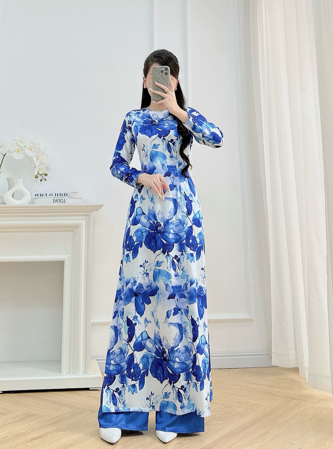 Blue Floral Ao Dai – Vietnamese Traditional Dress with Pants | Elegant Long Sleeve Áo Dài for Women | Wedding, Tet, or Formal Event