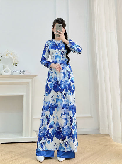 Blue Floral Ao Dai – Vietnamese Traditional Dress with Pants | Elegant Long Sleeve Áo Dài for Women | Wedding, Tet, or Formal Event