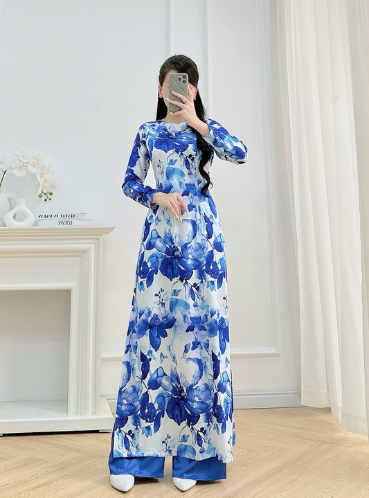 Blue Floral Ao Dai – Vietnamese Traditional Dress with Pants | Elegant Long Sleeve Áo Dài for Women | Wedding, Tet, or Formal Event