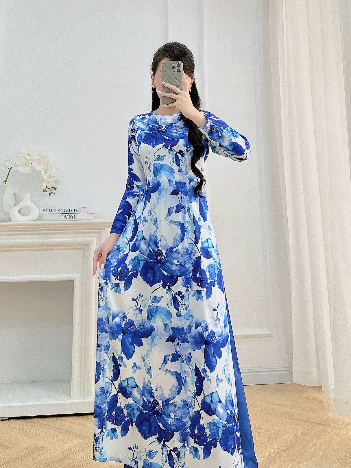 Blue Floral Ao Dai – Vietnamese Traditional Dress with Pants | Elegant Long Sleeve Áo Dài for Women | Wedding, Tet, or Formal Event