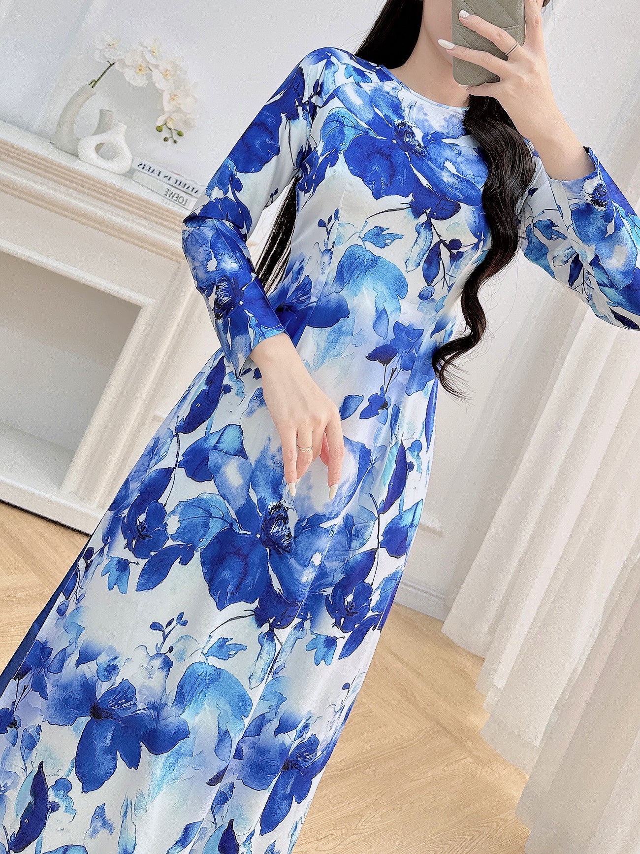 Blue Floral Ao Dai – Vietnamese Traditional Dress with Pants | Elegant Long Sleeve Áo Dài for Women | Wedding, Tet, or Formal Event