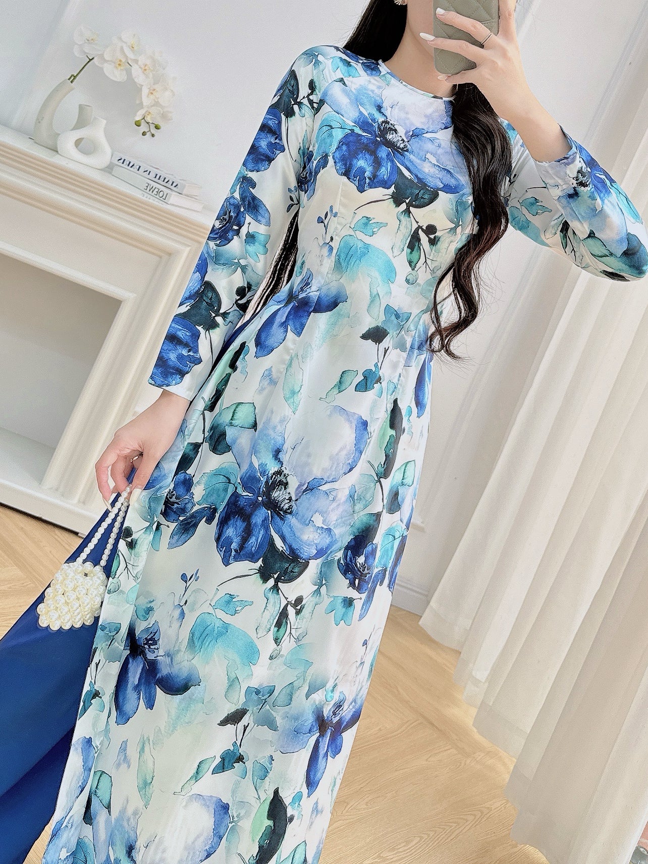 Dark Blue Floral Ao Dai – Vietnamese Traditional Dress with Pants | Elegant Long Sleeve Áo Dài for Women | Wedding, Tet, or Formal Event