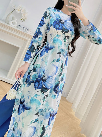Dark Blue Floral Ao Dai – Vietnamese Traditional Dress with Pants | Elegant Long Sleeve Áo Dài for Women | Wedding, Tet, or Formal Event