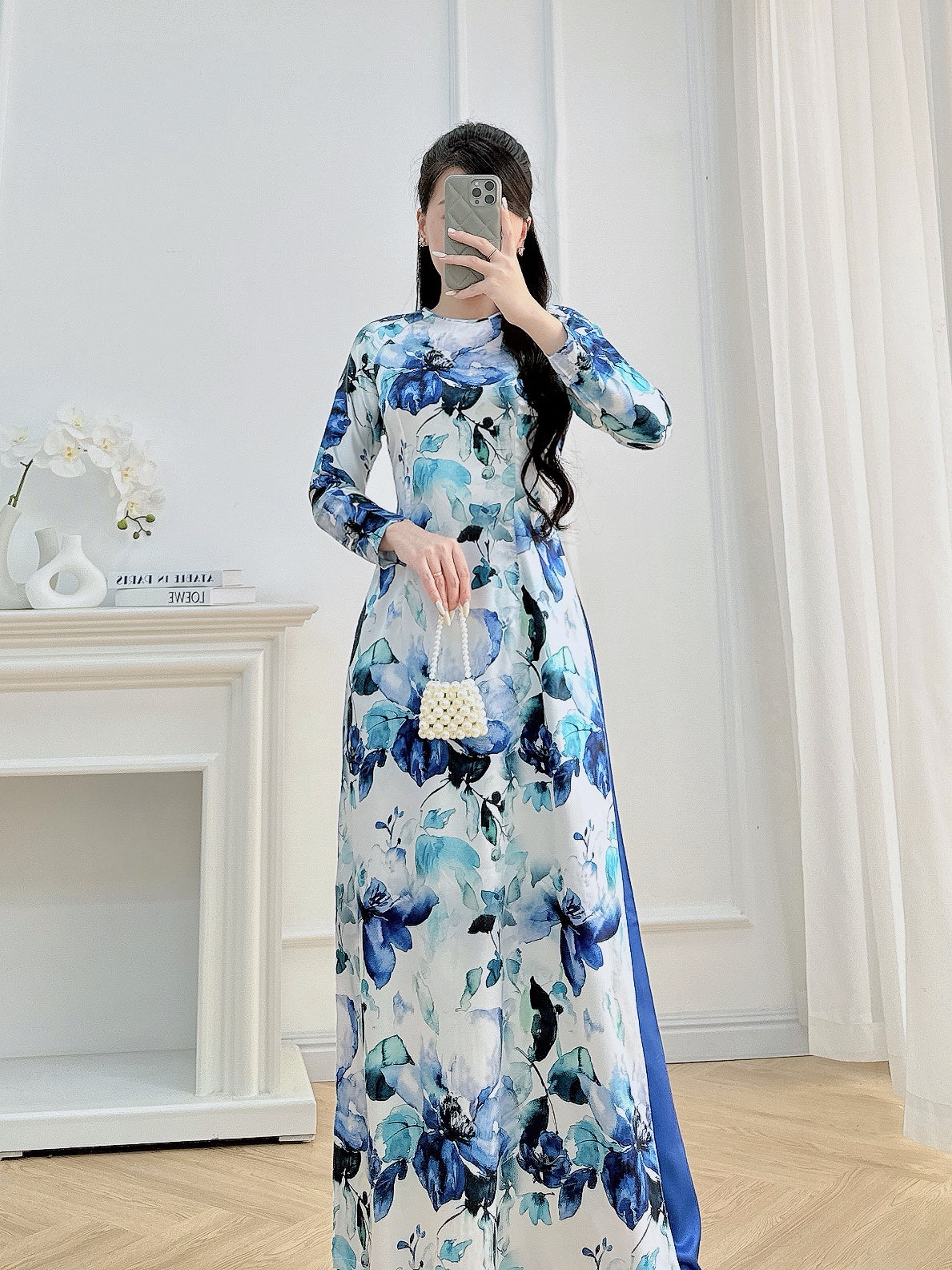 Dark Blue Floral Ao Dai – Vietnamese Traditional Dress with Pants | Elegant Long Sleeve Áo Dài for Women | Wedding, Tet, or Formal Event