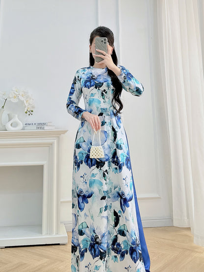 Dark Blue Floral Ao Dai – Vietnamese Traditional Dress with Pants | Elegant Long Sleeve Áo Dài for Women | Wedding, Tet, or Formal Event