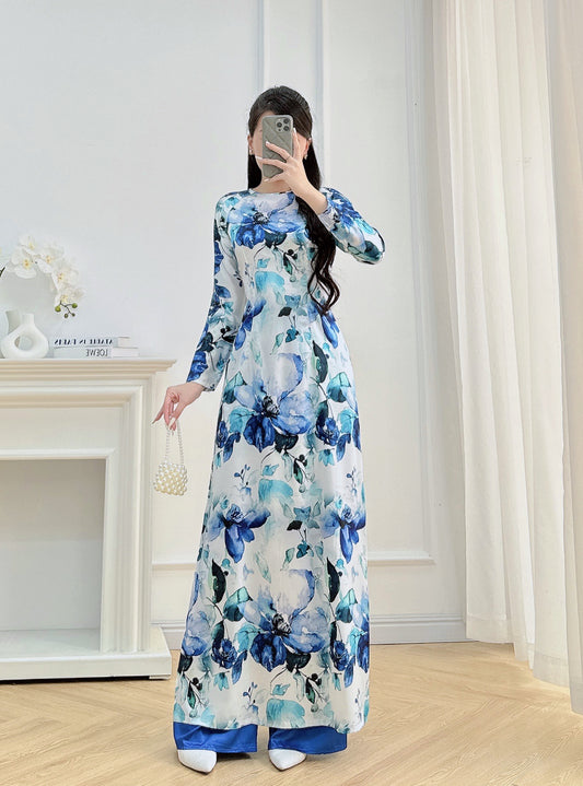 Dark Blue Floral Ao Dai – Vietnamese Traditional Dress with Pants | Elegant Long Sleeve Áo Dài for Women | Wedding, Tet, or Formal Event