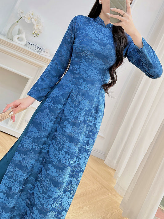 Royal Blue Brocade Ao Dai | Cultural Formalwear | Brocade Ao Dai|  Ao Dai with Pants