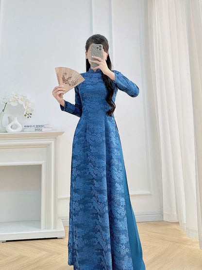 Royal Blue Brocade Ao Dai | Cultural Formalwear | Brocade Ao Dai|  Ao Dai with Pants