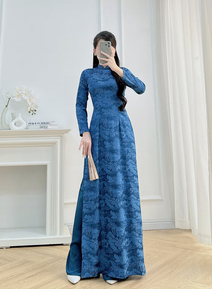 Royal Blue Brocade Ao Dai | Cultural Formalwear | Brocade Ao Dai|  Ao Dai with Pants