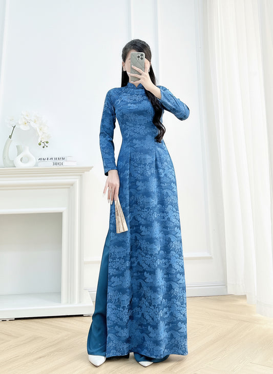 ADA Teal Blue Ao dai gấm set | Uniform ao dai | Traditional Vietnamese Dress with Pants