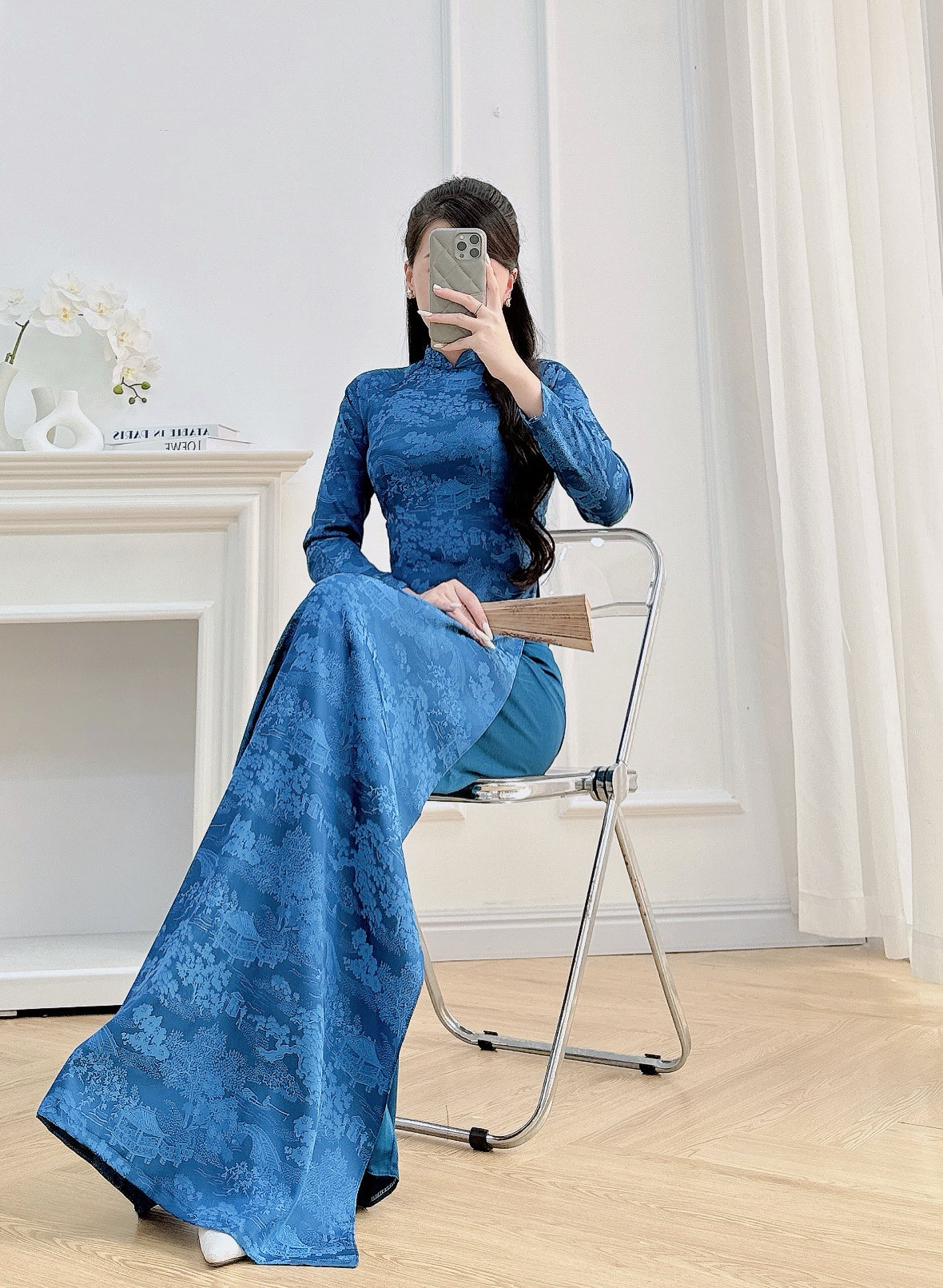 Royal Blue Brocade Ao Dai | Cultural Formalwear | Brocade Ao Dai|  Ao Dai with Pants