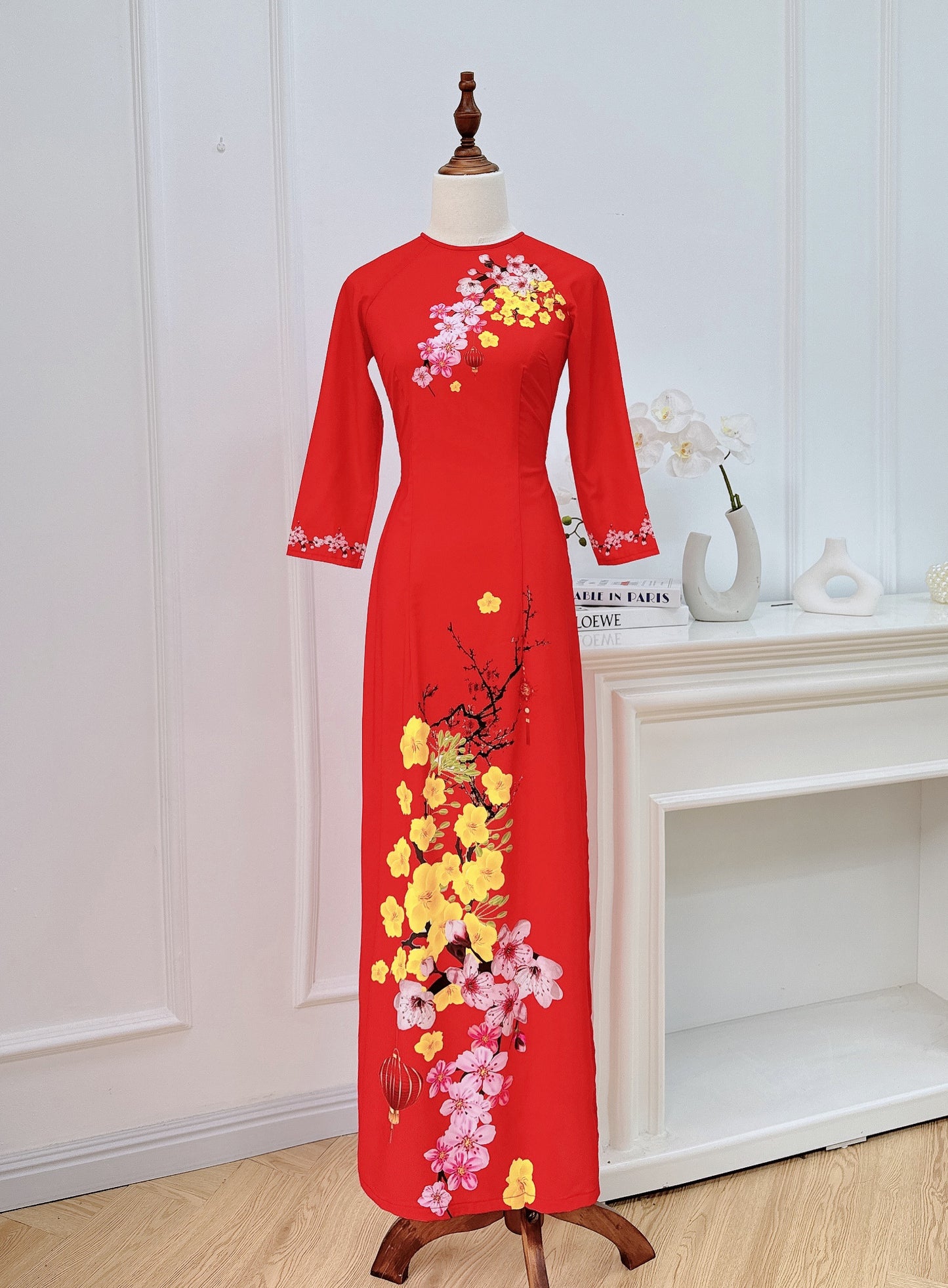 Pre-made: Mai Đào Tết 3D Printed Ao Dai - Traditional Vietnamese Dress for Women
