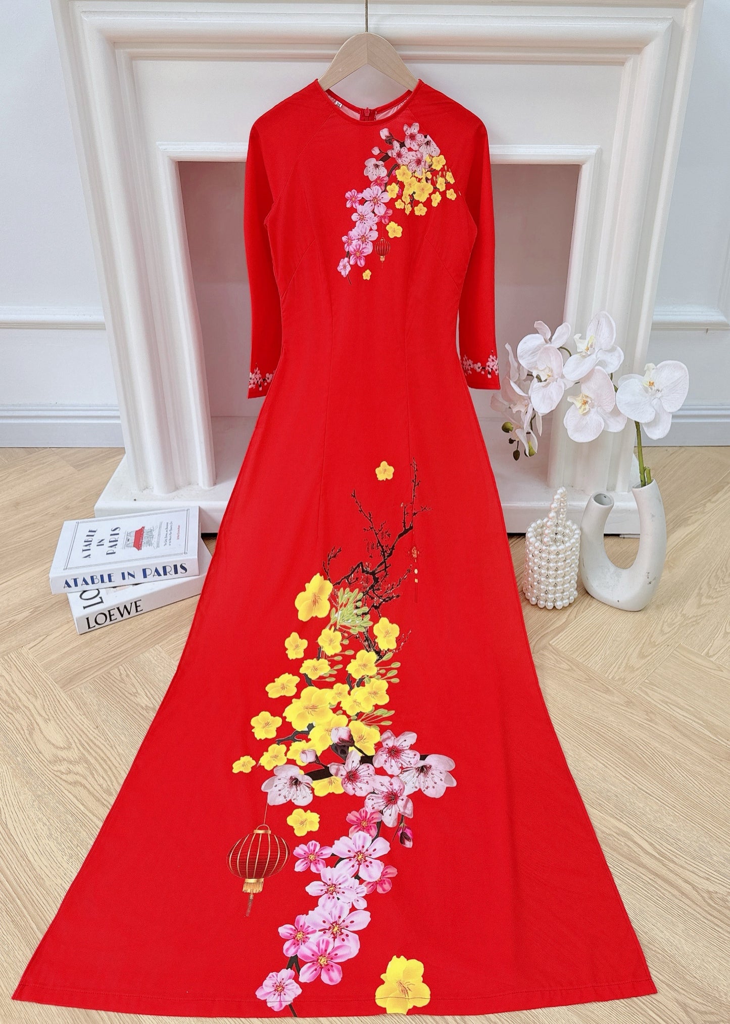 Pre-made: Mai Đào Tết 3D Printed Ao Dai - Traditional Vietnamese Dress for Women