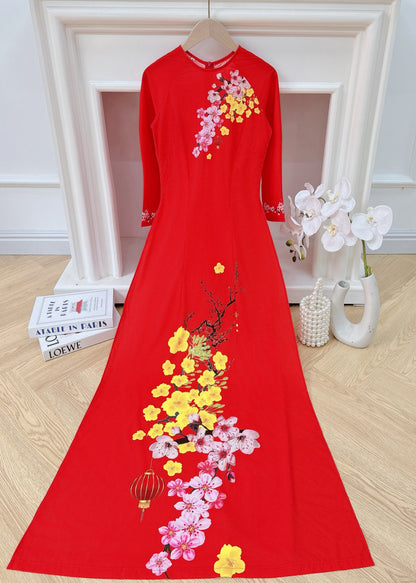 Pre-made: Mai Đào Tết 3D Printed Ao Dai - Traditional Vietnamese Dress for Women