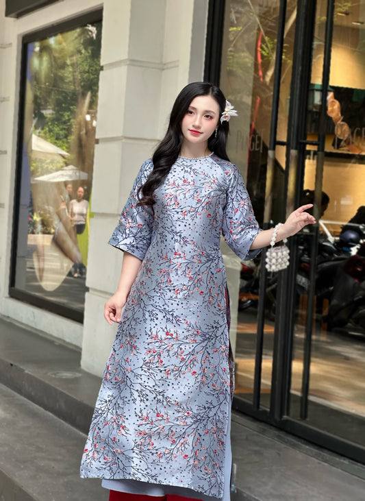 DUSTY BLue modern ao dai with Cherry Blossom | áo dài cách tân | Ao dai women | NO pants