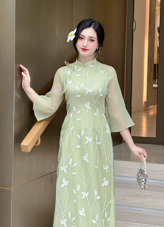 Set Green Vietnamese Ao Dai with Tie Bow Shoulder | Modern Vietnamese Ao Dai