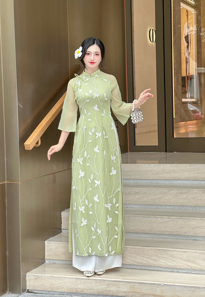 Set Green Vietnamese Ao Dai with Tie Bow Shoulder | Modern Vietnamese Ao Dai