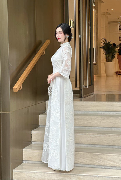 Set White Vietnamese Ao Dai with Floral embroidery | Modern Vietnamese Ao Dai
