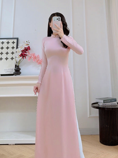 Pink Silk Ao Dai Set - Traditional Vietnamese Dress - Bridesmaid Ao Dai