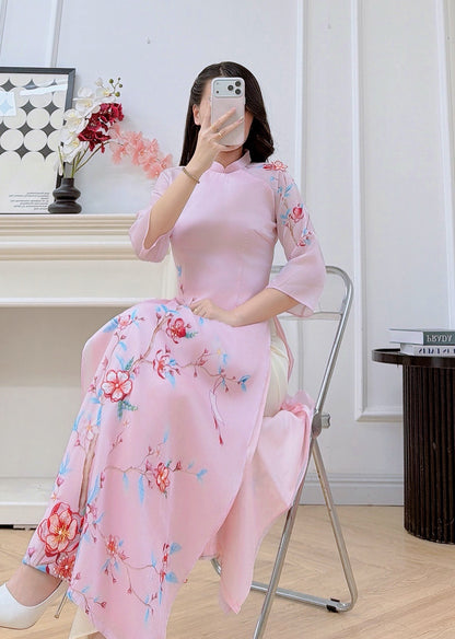 Pink Double Layers Chiffon Ao Dai Dress | Vietnamese Modern Ao Dai | Spring Garden Ao Dai