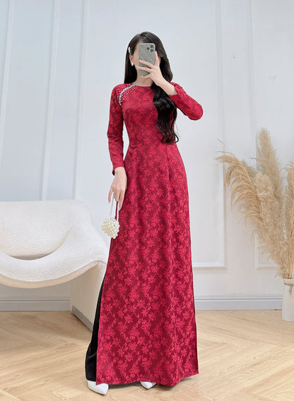 AUDREY Burgundy Red ao dai set | Ao dai Nha Xa Silk - Round neck