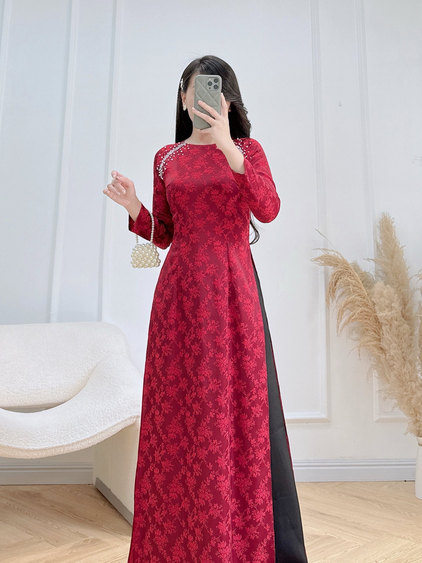AUDREY Burgundy Red ao dai set | Ao dai Nha Xa Silk - Round neck