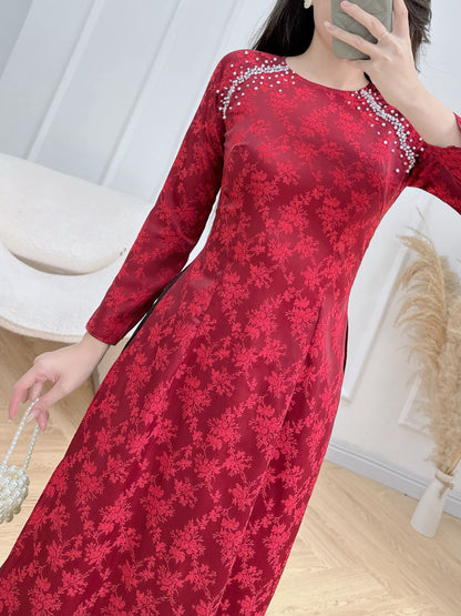 AUDREY Burgundy Red ao dai set | Ao dai Nha Xa Silk - Round neck