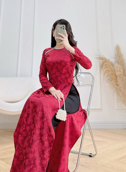 AUDREY Burgundy Red ao dai set | Ao dai Nha Xa Silk - Round neck