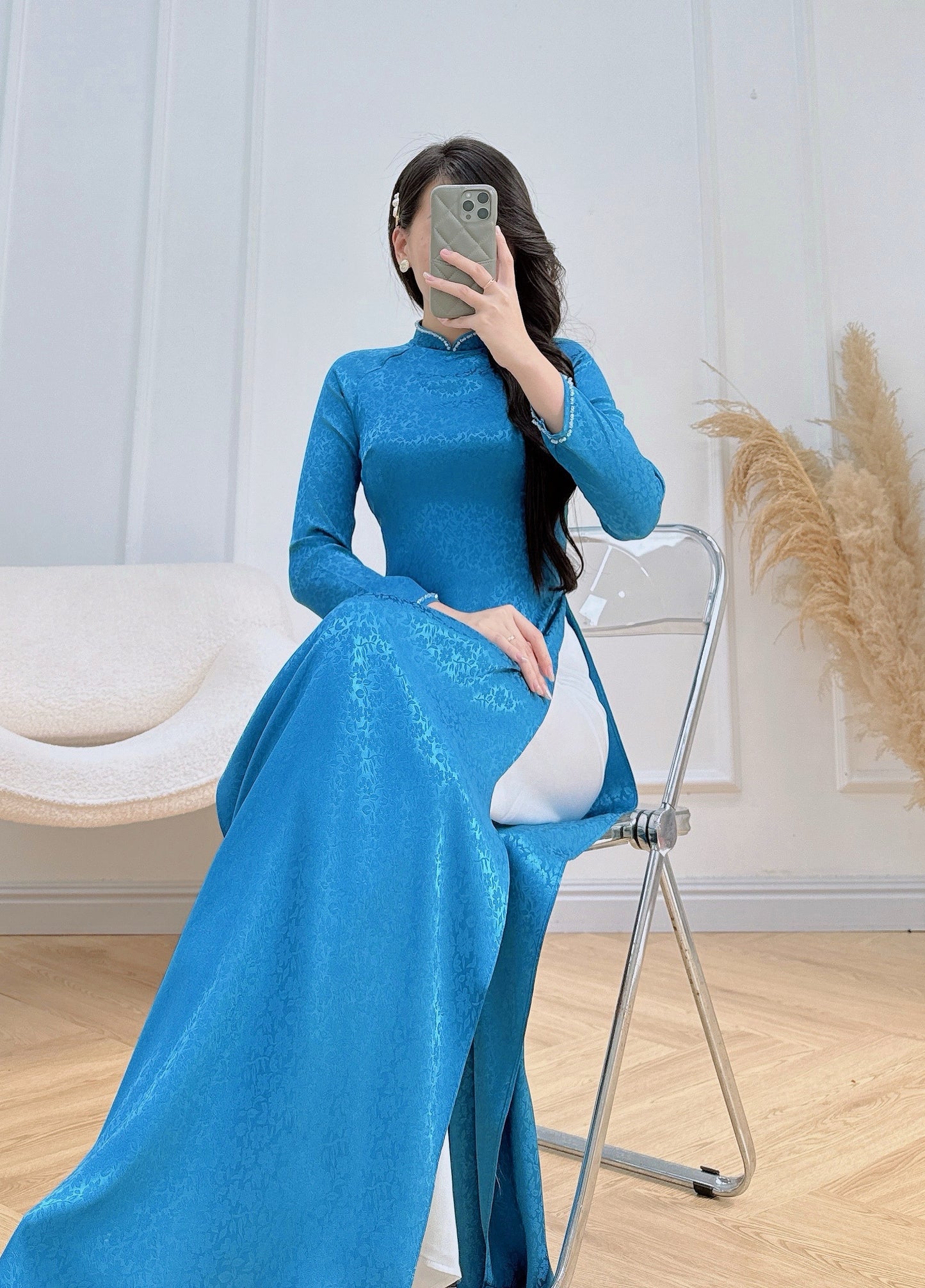 RUTH Blue Mini Pattern traditional ao dai with Crystal neck | Vietnamese ao dai for women | No Pants