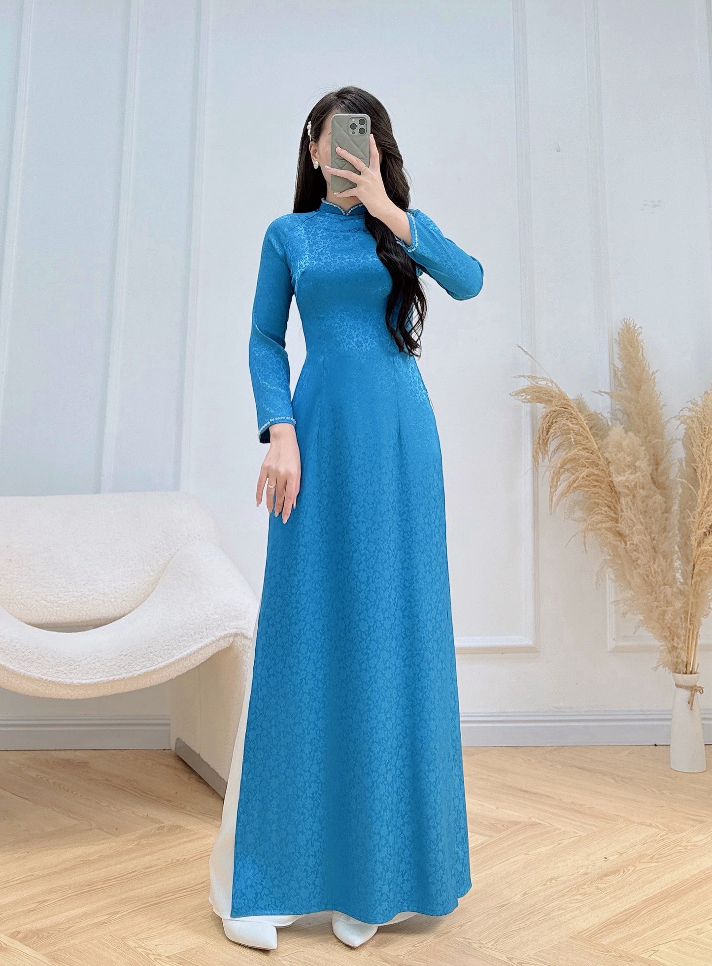 RUTH Blue Mini Pattern traditional ao dai with Crystal neck | Vietnamese ao dai for women | No Pants