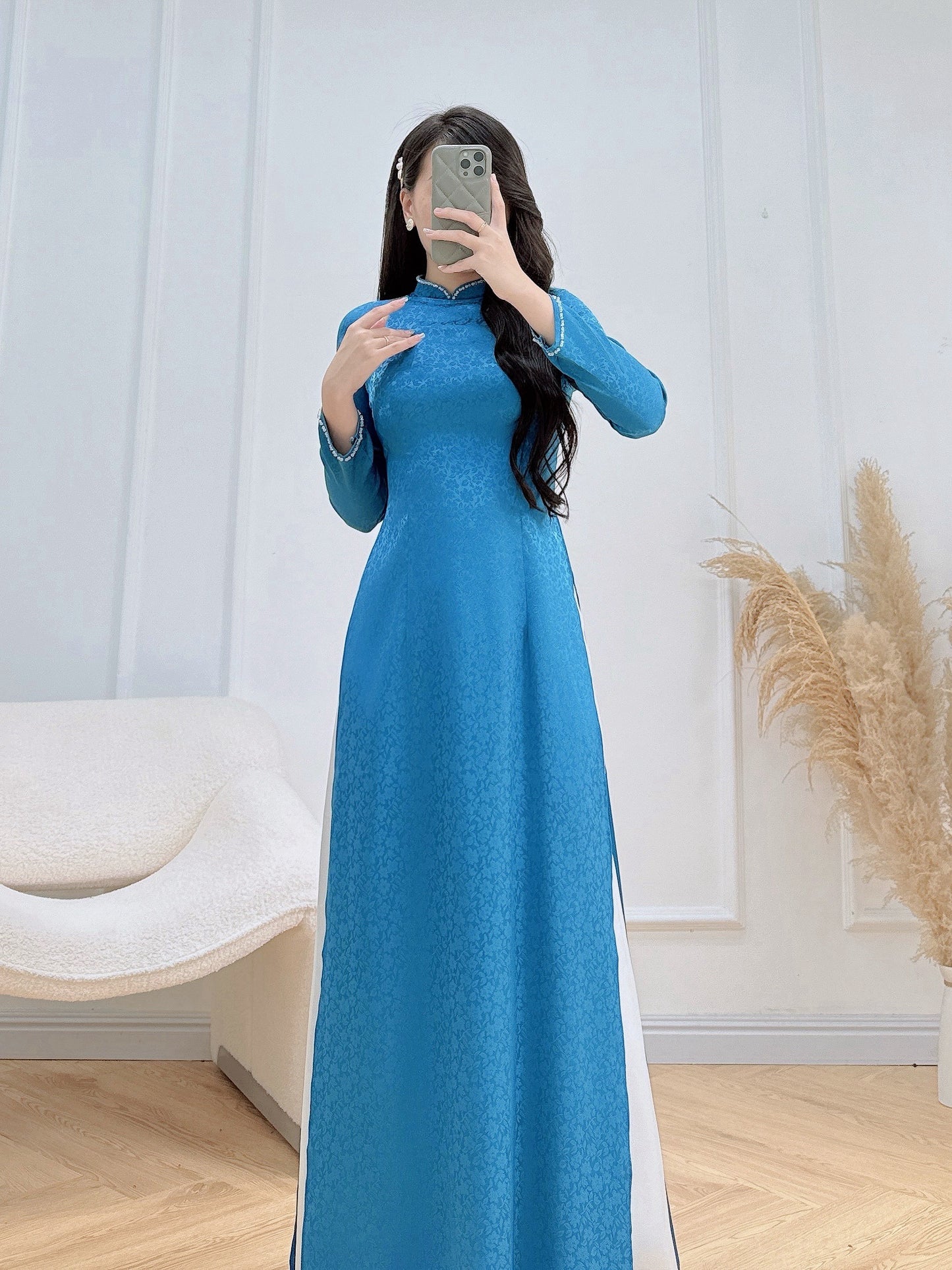 RUTH Blue Mini Pattern traditional ao dai with Crystal neck | Vietnamese ao dai for women | No Pants