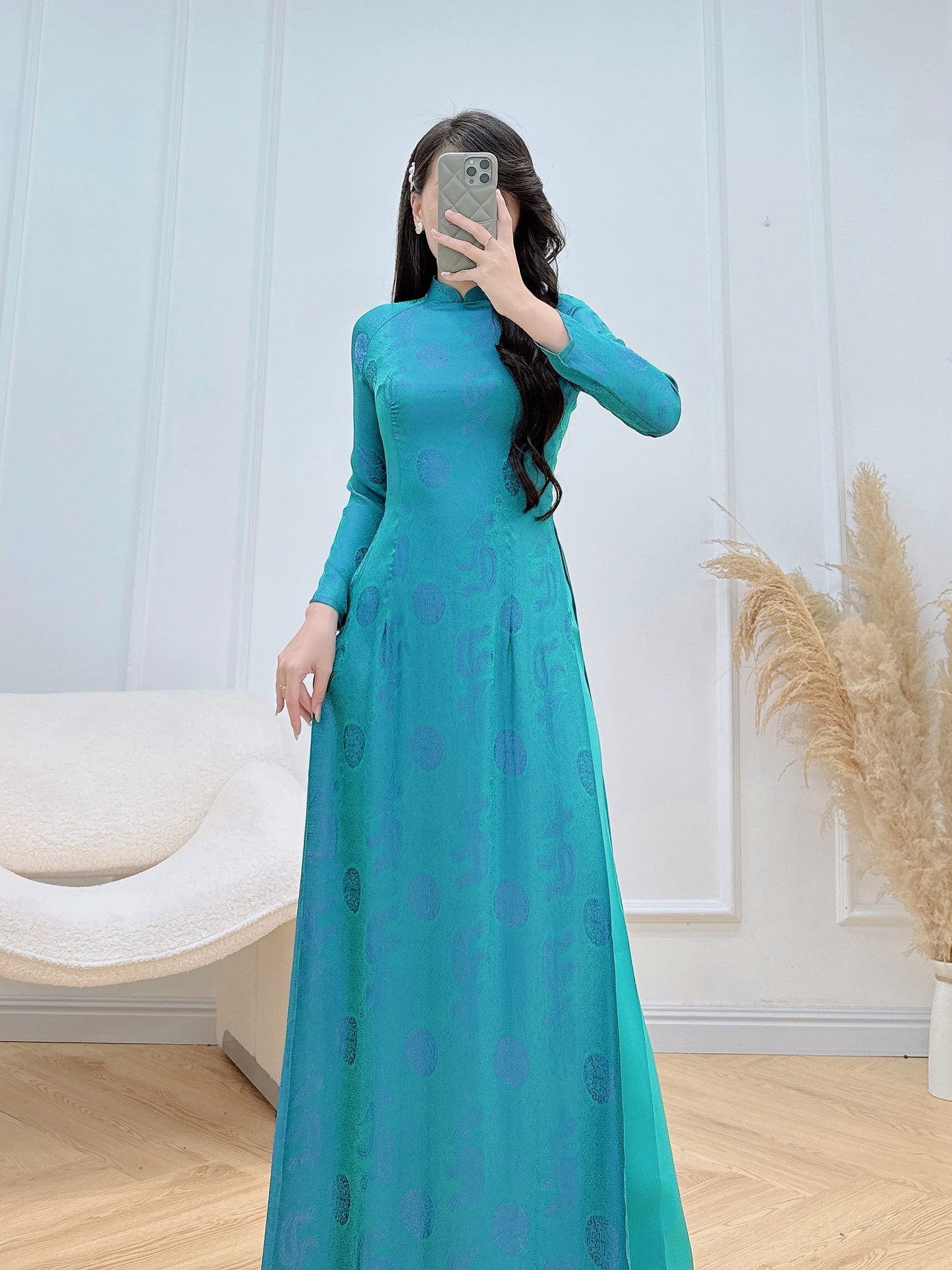 PATRICIA Teal traditional ao dai set | Ao dai Nha Xa Silk | Vietnamese ao dai for women