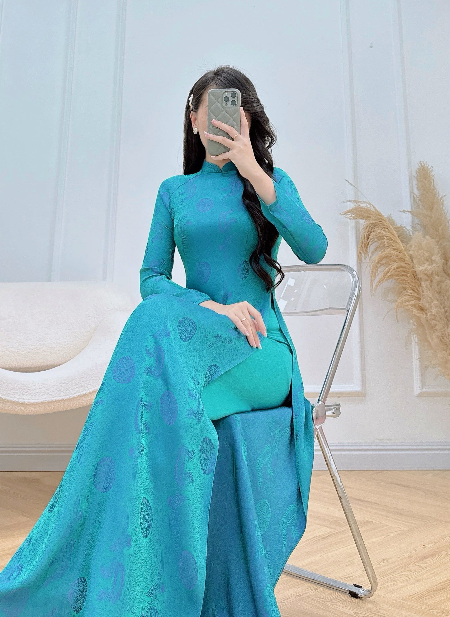 PATRICIA Teal traditional ao dai set | Ao dai Nha Xa Silk | Vietnamese ao dai for women